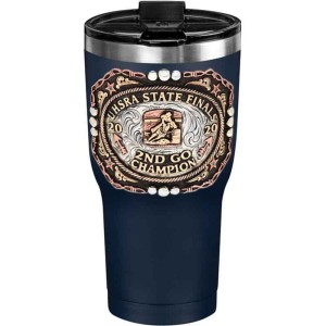 A custom tumbler made of stainless steel with a personalized engraved UHSRA logo, featuring a barrel racer figure, 30 oz, ideal for coffee or cool drinks